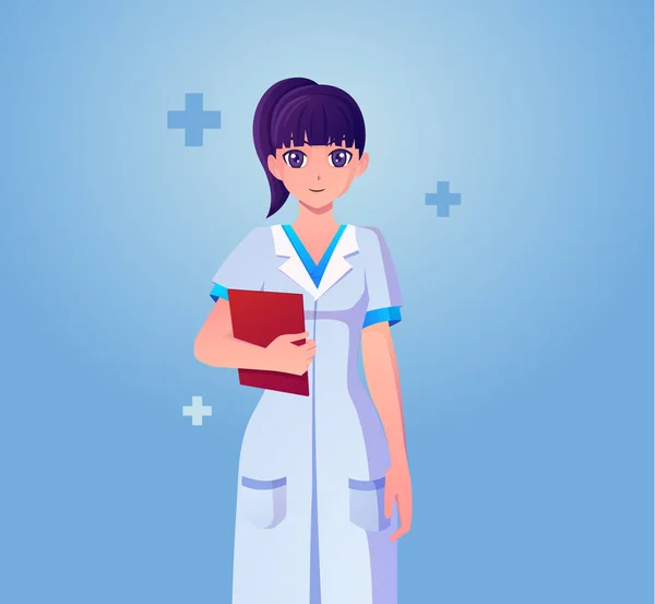 Happy Anime Cute Lekarz Lekarz Posiadający Folder Premium Wektor Ilustracji — Wektor stockowy