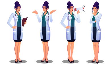 Güzel Kadın Doktor Farklı Duyguları İfade Ediyor, Kafası Karışık, Düşünen, Duyuran ve Ayakta Gösterilen Vektör Resimleri