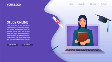 İniş sayfası için Bilgisayar Konsepti 'nden Çevrimiçi Eğitim ve Çalışma, Diploma ve Mezuniyet Şapkası ve Kadın Kitap Vektörü