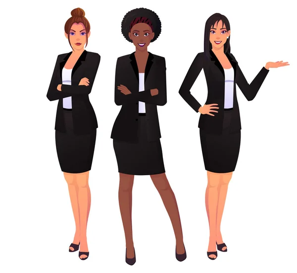 穿着黑衣的女商人们开始行动了 亚裔和黑人女企业家 — 图库矢量图片