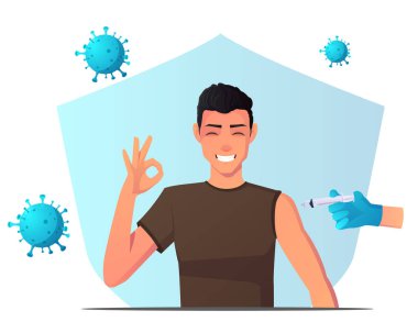 Adam aşı alıyor ve bağışıklık kazanıyor ve virüsten korunuyor. Hem de el işareti ile. Premium Vektör. dizayn
