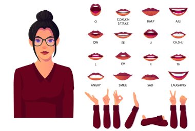 Mouth Animation Set With Female Cartoon Character For Lip Sync And Speech pronunciation With Various Hand Gestures Premium Vector. design clipart