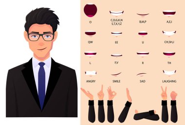 Businessman Mouth Animation Set And Lip Sync Set. Man in Black Suit Coat For Presentations With Hifrent Hand Gestures Flat Vector Illustration. design clipart