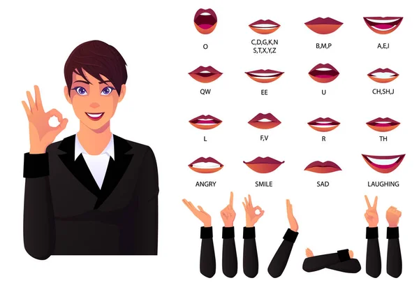 唇音动画集和唇音同步的拼音女商务人士发音 不同嘴唇表情的嘴唇动画及情感设计 — 图库矢量图片
