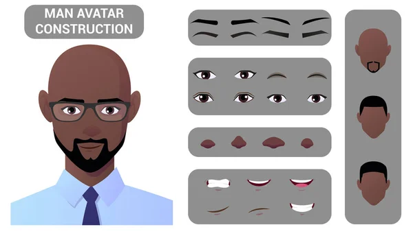 Black Man Face Construction Character Creation Pack Hair Eyes Lips — Vetor de Stock