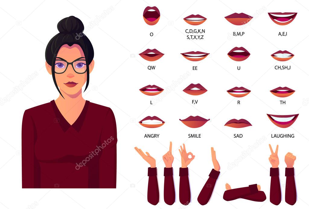 Mouth Animation Set With Female Cartoon Character For Lip Sync And Speech pronunciation With Various Hand Gestures Premium Vector. design