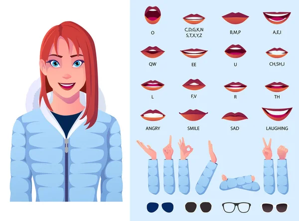 Animasi Mouth Ditata Dengan Wanita Mengenakan Jaket Musim Dingin Lip - Stok Vektor