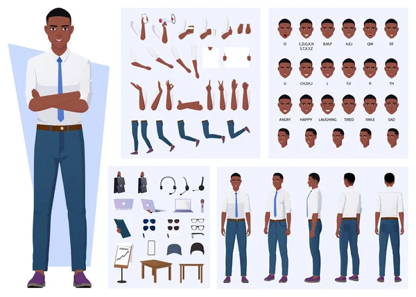 Афроамериканська Людина Характер Створення Гестурами Висловами Обличчя Різними Позами Дизайну — стоковий вектор