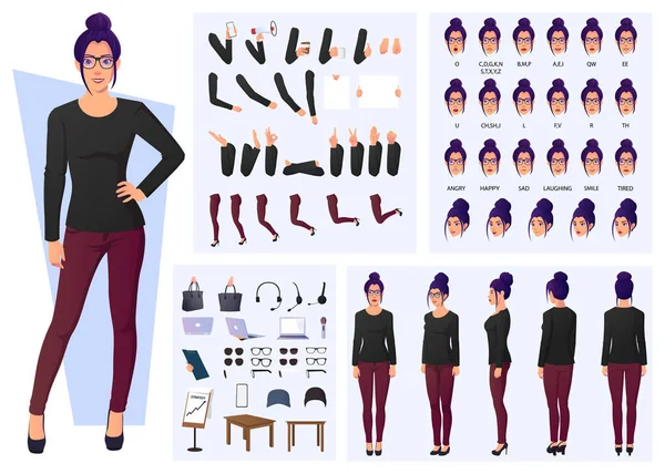 Conjunto Design Personagens Mulher Moda Frente Lado Visão Traseira Poses — Vetor de Stock