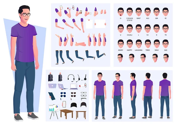 Casual Man Juego Creación Personajes Con Gestos Mano Accesorios Diseño — Vector de stock