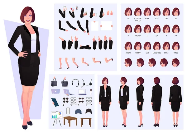 Business Woman Wearing Suit Character Constructor Lip Sync Emotions Hand — Stockový vektor