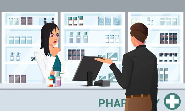 Cartoon Apotheker Und Kunde Der Theke Kaufen Medikamente Apothekendesign — Stockvektor