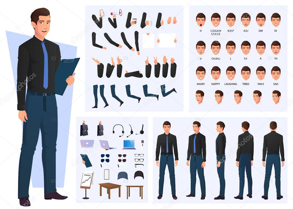 Business Man Character Creation Set, Lip Sync And Hand Gestures Premium Vector.