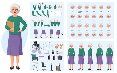 Kıdemli Bayan, Yaşlı Öğretmen, Yaşlı İş Kadını Taşınabilir Eklemler, Dudak senkronizasyonu, Duygular, El Hareketleri ve Aksesuar Vektör Dosyası ile Yaratım Seti