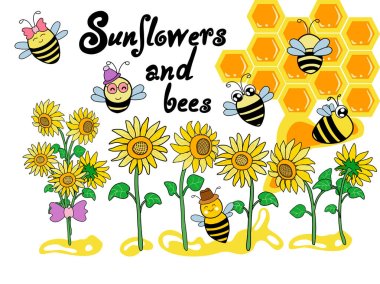 Sunflower and bee set, clip art and crafts for saucers, seamless t-shirt designs, digital printed fabric, keychains, gift,  stickers, DIY crafts and more. vector