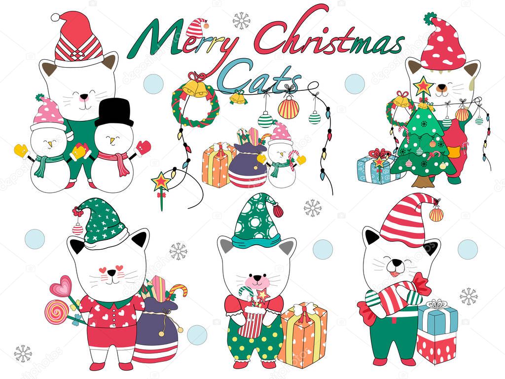 Merry Christmas Cats are designed with doodle in red and green tones for stickers, cards, tote bags, t-shirts, coffee mugs, digital printing, fabric printing, patterns, Christmas tree, digital paper 