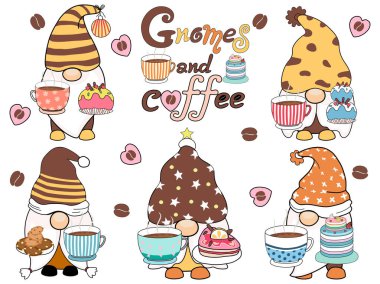 Cüceler ve kahveler kahverengi tonlarda karalama tarzıyla tasarlandı. Kumaş poşet desenleri, tişört, kahve fincanı, dijital baskı, kumaş baskı, desen, kafe dekorasyonu, logo ve daha fazlası için..