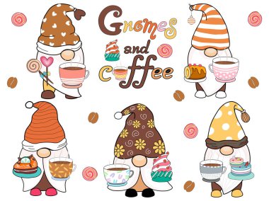 Cüceler ve kahveler kahverengi tonlarda karalama tarzıyla tasarlandı. Kumaş poşet desenleri, tişört, kahve fincanı, dijital baskı, kumaş baskı, desen, kafe dekorasyonu, logo ve daha fazlası için..