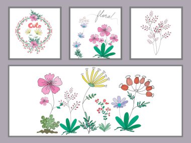 Şirin çiçek ve yaprak motifleri, arka planlar için basit pastel renkler, kumaş ambalaj kağıtları, buketler, tişört tasarımları, dijital baskılar, kapaklar, kartlar, dekupaj, DIY, logolar ve daha fazlası için tasarlanmış.