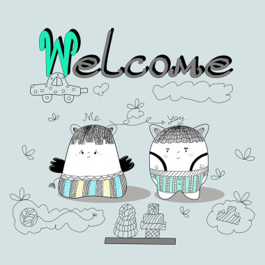 Karalama stilinde sevimli kız ve erkek çizgi film vektörü kartlar, arka planlar, pürüzsüz, klipsiz sanat, dijital sanat gibi çeşitli görevlere uygulanabilir.