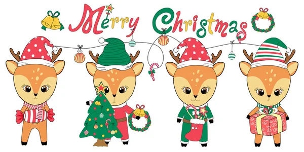 Feliz Navidad Con Ciervos Diseñado Estilo Doodle Puede Adaptar Diversas — Vector de stock