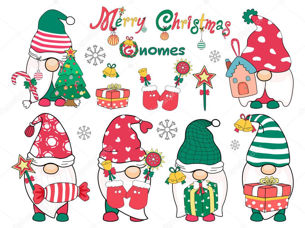 Merry Christmas (Gnomes) Designed in doodle style, it can be adapted to various applications such as backgrounds, invitation cards, digital print,  t-shirt design, sticker, crafts, mugs, DIY and more 