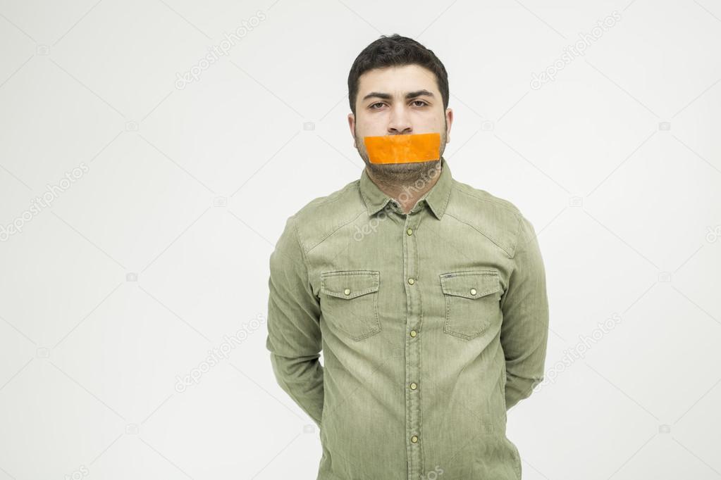 The young man with duct tape over his mouth.