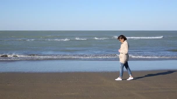 Jovem deprimida perto do mar em um dia ventoso. Linda jovem morena ao ar livre retrato perto do mar. Menina bonita nova em vestido rosa andando perto do litoral ao pôr do sol. tempestade de areia — Vídeo de Stock