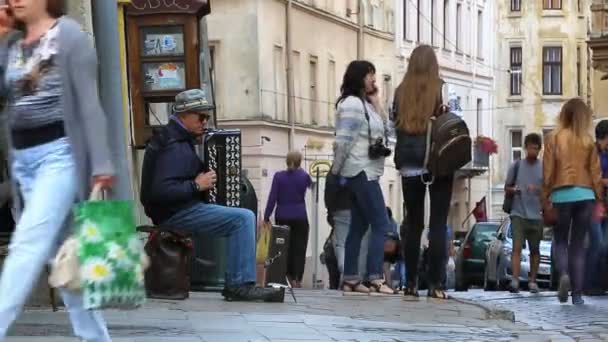 Músico callejero tocando el acordeón en la calle principal de Lviv — Vídeo de stock