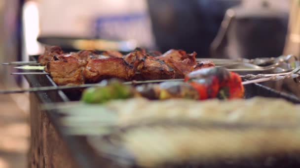 Shish kebab cozinhar em uma churrasqueira ao ar livre — Vídeo de Stock