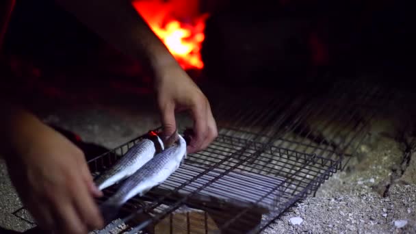 Homme met panier grill avec du poisson sur brasero plein de charbons vivants . — Video