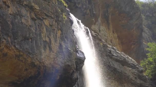 Natural beauty in nature. beautiful waterfall cascades over cliff Laza, Guba, Azerbaijan. — Stock Video