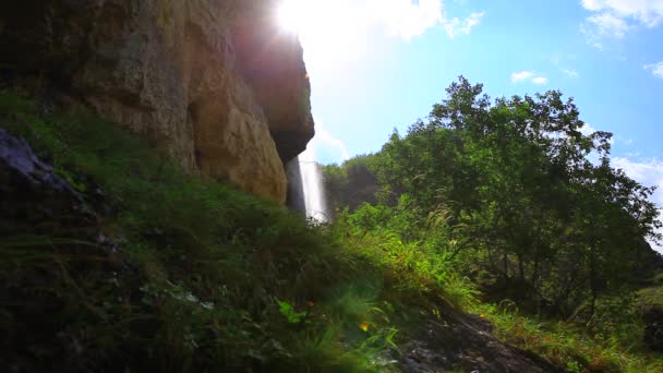 Natural beauty in nature. beautiful waterfall cascades over cliff Laza, Guba, Azerbaijan. — Stock Video