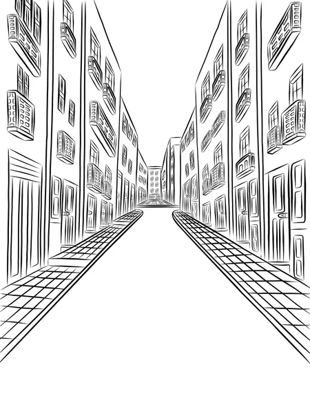 Gedetailleerde gebouwen op de straat, vector tekening — Stockvector