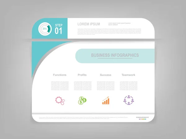 Çalışma tablosu üzerindeki bilgi şablonu, iş simgesinin mavi düz tasarımı, fonksiyonlar, kazanç, başarı ve takım çalışması gibi kelimeler vardır.