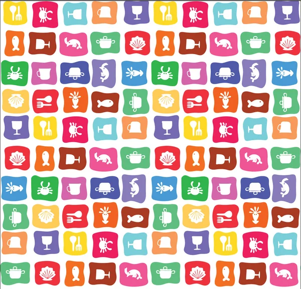 Renkli deniz ürünleri ve mutfak eşyaları