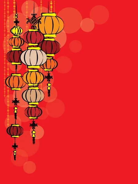 Chinese lanterns and bokeh on red — Stock Vector