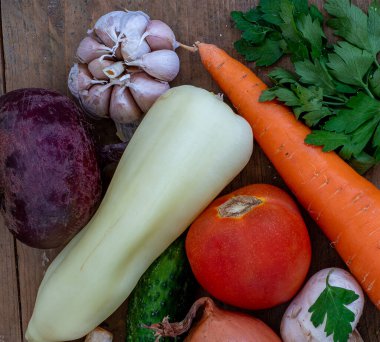 Sebze malzemeleri. Yukarıdan yatay yakın çekim üst görünümü.