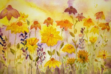 Coneflowers, marigold and lavender.