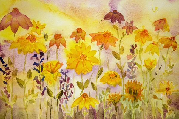 Coneflowers, marigold and lavender.