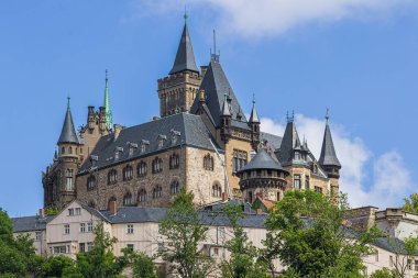 Kasabanın yukarısındaki bir tepenin üzerindeki Wernigerode Şatosu manzarası, bir ortaçağ malikanesi.