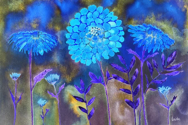 Abdruck in blau fluoreszierender Ringelblume auf buntem Hintergrund. — Stockfoto