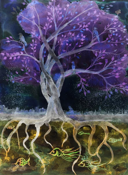 Fialový strom života v noci. — Stock fotografie