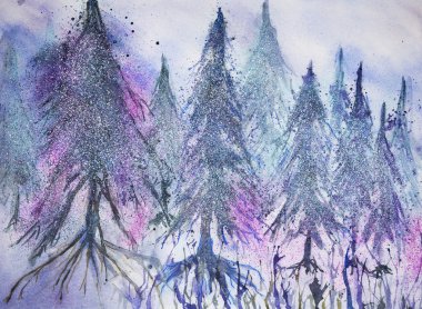 Çam ağaçlarının fantezi karda orman.