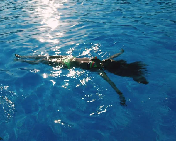 Nadar Piscina Foto Tomada Aire Libre Atardecer Temporada Verano América — Foto de Stock