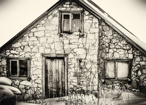 Vieille Maison Pierre Abandonnée Sur Une Vieille Photo Noir Blanc — Photo