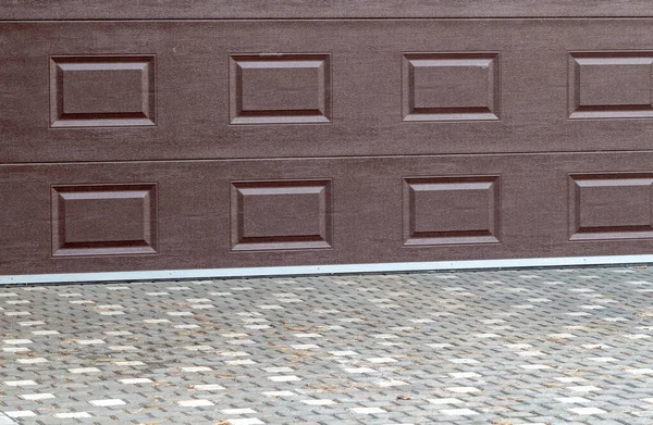 Özel Bir Evin Kahverengi Garaj Kapıları Yakınlardaki Leylak Çalıları — Stok fotoğraf