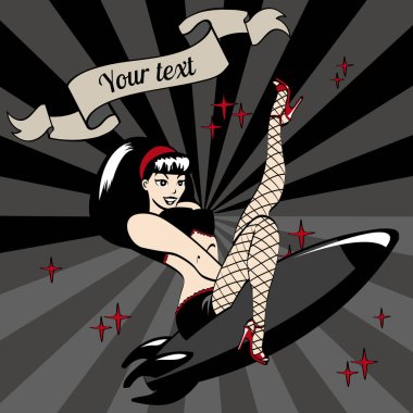Pin up sexy girl on the bomb with ribbon for text. Vector clipart
