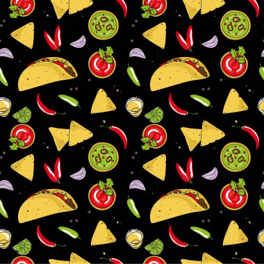 Siyah arka planda kusursuz bir Meksika yemeği örneği. Vektör