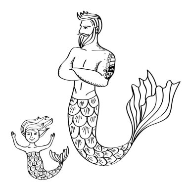 Denizkızları. Babası ve kızı. Adam ve çocuk. Vektör